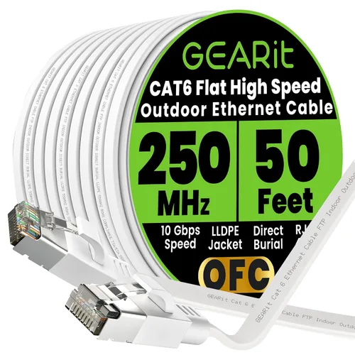 Miniatura 24 de GEARit Cable Ethernet plano Cat 6 para exteriores (15 pies, negro) Chaqueta LLDPE clasificada para entierro directo – Cat6 blindado FTP 10Gbps