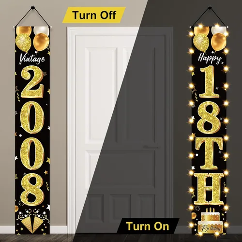 Miniatura 5 de Cartel de fiesta de cumpleaños número 18 con luces LED para hombres y mujeres - Carteles de puerta de cumpleaños número 18 en negro y dorado vintage