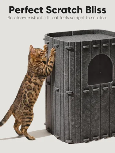 Miniatura 3 de FUKUMARU Casa para Gatos de Interior, Cama Cueva Grande para Gatos de 2 Pisos, Túnel Condo Escondite Acogedor Cubierto de Fieltro para Múltiples