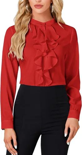 Miniatura 8 de LYANER - Blusa de cuello alto con botones, volantes en el frente, manga larga, camisa de trabajo para mujer