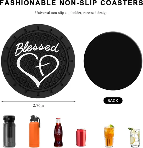 Miniatura 2 de 2 piezas posavasos para portavasos de automóvil, 2.76 pulgadas, PVC suave antideslizante, cruz bendita y corazón, posavasos cristianos para Negro