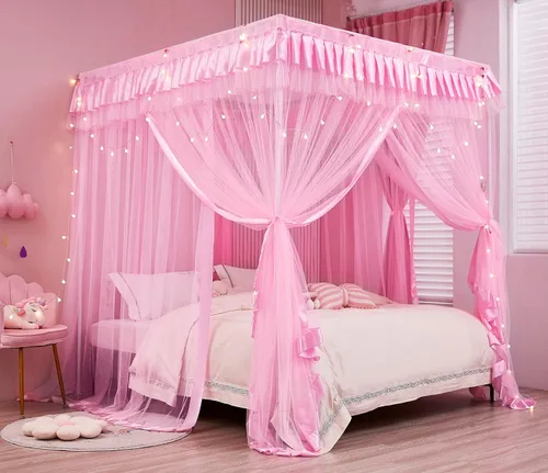 Miniatura 20 de Mengersi Cortina para Dosel de Cama Princesa, con 4 Esquinas, Dosel con Mosquitero para Cama de Princesa (Blanco, Doble)