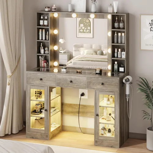 Miniatura 14 de HUANLEGO Tocador Negro con Espejo y Luces, Tocador con Superficie de Cristal con Espejo Iluminado y Gabinete de Vidrio RGB y 3 Cajones, Tocador