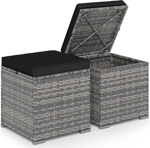 Miniatura 17 de Tangkula - 2 asientos otomanos de patio, mesa lateral de ratán PE tejido a mano de Patiojoy con cojín extraíble y espacio de almacenamiento oculto