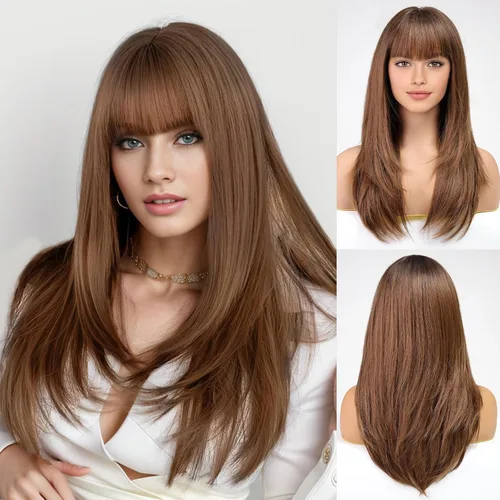 Miniatura 9 de EMMOR Peluca rubia con flequillo para mujer, pelucas largas y lacias, peinado sintético en capas para niñas, fiesta, cosplay y uso diario
