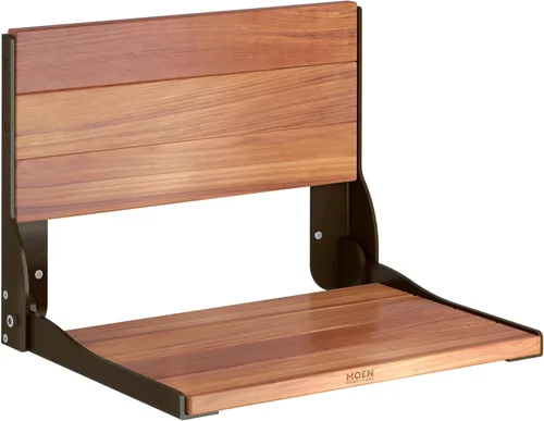 Moen Home Care - Silla de Ducha de Seguridad para Baño para Ancianos y Discapacitados, Banco de Ducha Plegable de Teca y Aluminio Bronce Estilo