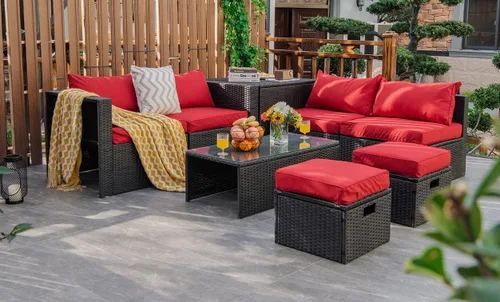 Miniatura 18 de Tangkula Patiojoy - Juego de muebles de patio de 8 piezas, sofá seccional de ratán PE para 6 personas con funda impermeable, para jardín, cubierta