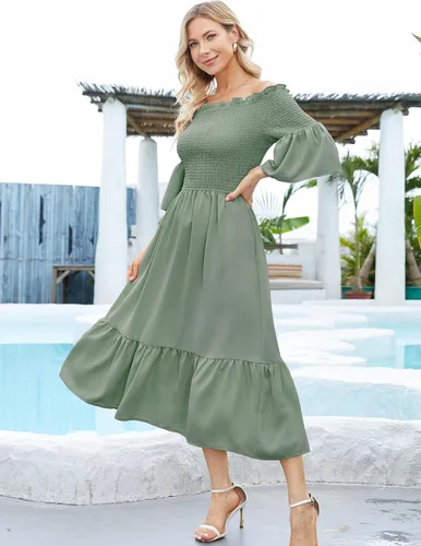 Miniatura 4 de DRESSTELLS Women Casual Dresses, Summer Smocked Maxi Dresses 2023 Trendy, Off Shoulder Boho Sundress