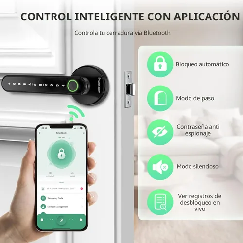 Miniatura 6 de Cerradura de puerta inteligente con perilla, cerraduras de puerta de entrada sin llave con asa, perilla de puerta de huellas dactilares para Negro 02