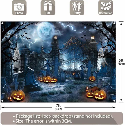 Miniatura 3 de Fondo de fotografía de cementerio embrujado de Halloween de 7 x 5 pies, farol de calabaza, espeluznante noche y luna, decoración de fiesta fantasma