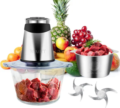 BUMET Procesador eléctrico de alimentos, picador de verduras de 500W, 2 tazones de 2x8 tazas, 2 bicapas, 4 cuchillas, picadora de alimentos pequeña,