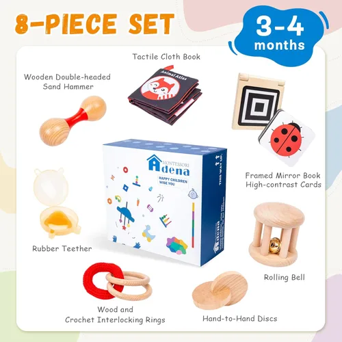 Miniatura 2 de Adena Montessori Kit de juego para bebés de 3 a 4 meses, juguetes educativos de aprendizaje de madera 8 en 1 para niños pequeños, incluye libro