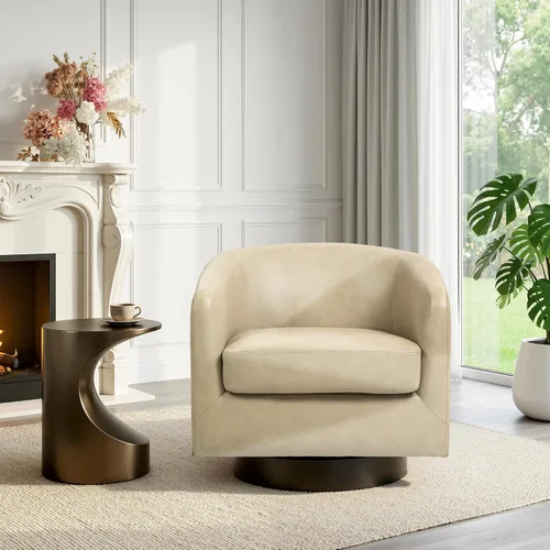Miniatura 22 de Juego de 2 Sillas Giratorias de Acento, Silla Barril Tapizada en Tela para Sala de Estar, Cómodo Sillón Redondo Sofá Individual Asiento de Lino Beige