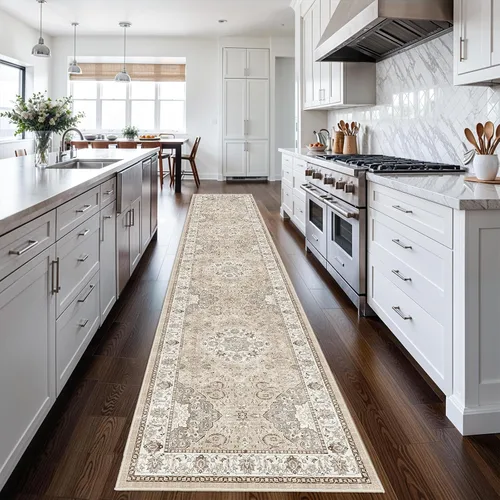 Miniatura 7 de Alfombra lavable para pasillo, de cocina, para entrada, alfombra suave vintage, antideslizante para interiores, para baño, sala de estar y Beige