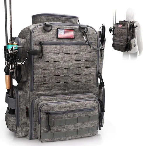 Miniatura 10 de Mochila de aparejos de pesca, mochila de pesca resistente al agua con soportes para cañas para 4 cajas (cajas no incluidas)