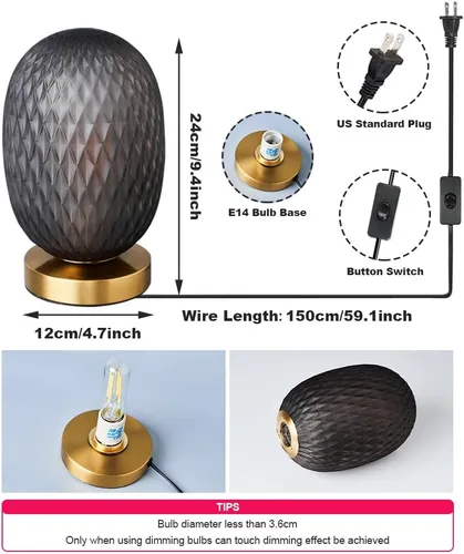 Miniatura 3 de Moderna lámpara de mesa de cristal con forma de globo de mediados de siglo, industrial regulable con control táctil, luces de escritorio, 3 niveles