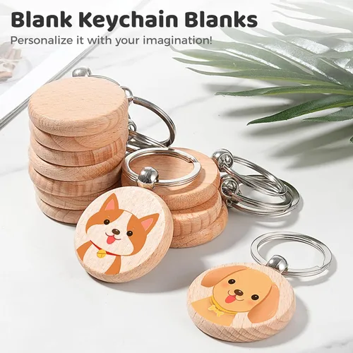Miniatura 4 de BATTIPAW Llavero de madera en blanco para manualidades personalizadas, llavero redondo de madera en blanco para llaveros de bricolaje, colgantes