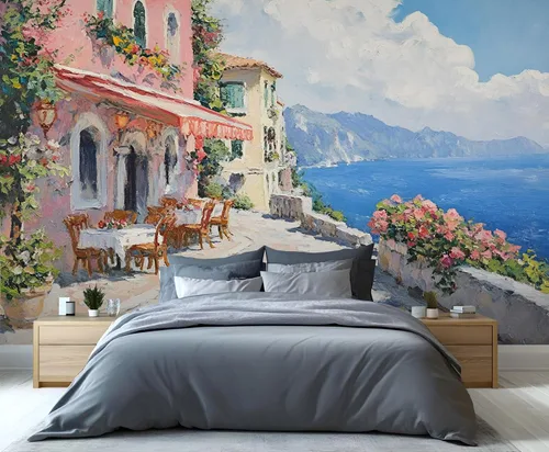 Miniatura 28 de Papel tapiz 3D de bicicleta rosa vintage, murales de flores de paisaje de primavera para sala de estar, pintura al óleo, papel tapiz rústico
