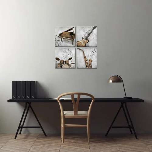 Miniatura 4 de LoveHouse Arte de pared de música vintage, instrumentos retro, impresiones en lienzo, imágenes de piano, pinturas de guitarra, batería, saxofón