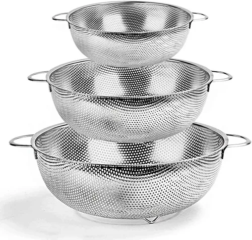 TeamFar Colador de 3 coladores de acero inoxidable perforado con asas para espaguetis, pasta, bayas, libre de óxido y apto para lavavajillas, 1/3/5