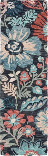 Miniatura 2 de SAFAVIEH Jardin Collection - Alfombra de pasillo, 2 pies 3 pulgadas x 8 pies, carbón y azul, hecho a mano, lana floral y algodón, ideal para zonas