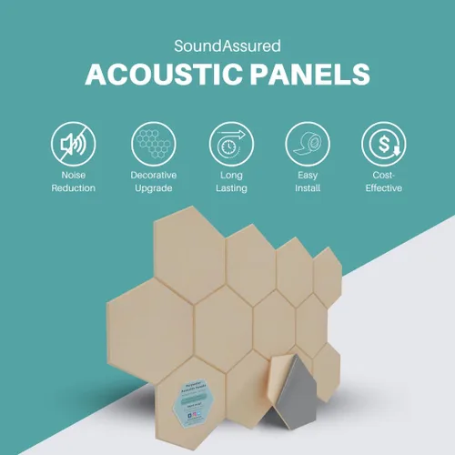 Miniatura 2 de Paneles acústicos hexagonales para amortiguación de sonido, paquete de 12 paneles autoadhesivos de absorción de sonido, tratamiento acústico Beige