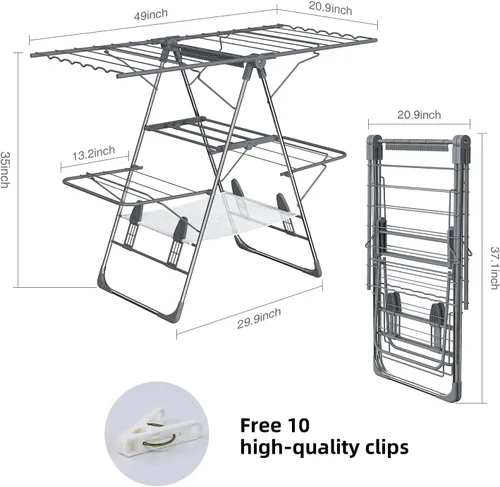 Miniatura 3 de Tendedero de Ropa Plegable de 2 Niveles para Secar Ropa, Tendedero de Acero Inoxidable Plegable para Interiores y Exteriores, con Alas de Altura