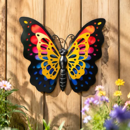 HONGLAND Decoración de pared de mariposa de metal, escultura de arte para interiores y exteriores, decoración de cristal colgante azul para el