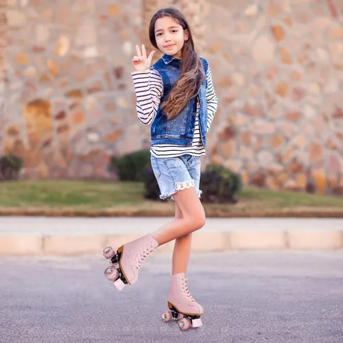 Miniatura 5 de YYW Patines para niñas y mujeres, fantásticos patines de piel sintética rosa y morado con luz para niños y jóvenes, para interiores y exteriores