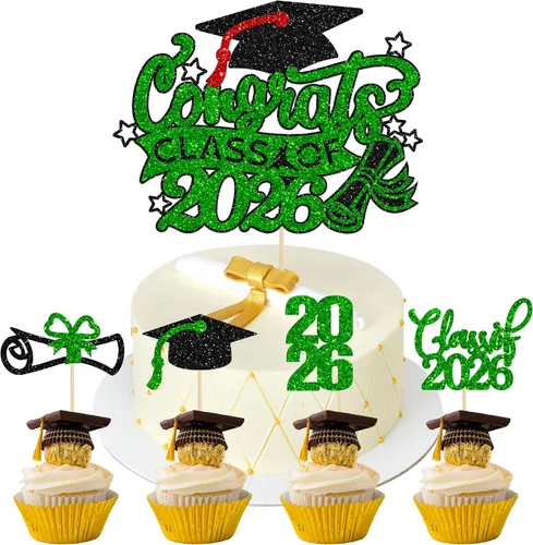 Miniatura 29 de Gyufise 24 piezas de decoración para cupcakes con purpurina para graduación 2026, decoración de pasteles para graduación 2026, decoración de Negro