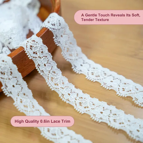 Miniatura 2 de Cinta de encaje blanco de 30 yardas, ribete de encaje elástico estrecho de 0.6 pulgadas, ribete elegante para manualidades, envoltura de regalos