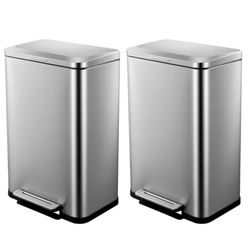 Miniatura 8 de Cubo de basura de acero inoxidable de 50 litros/13 galones, cubo de reciclaje rectangular con pedal de acero con tapa y cubos interiores, cubo