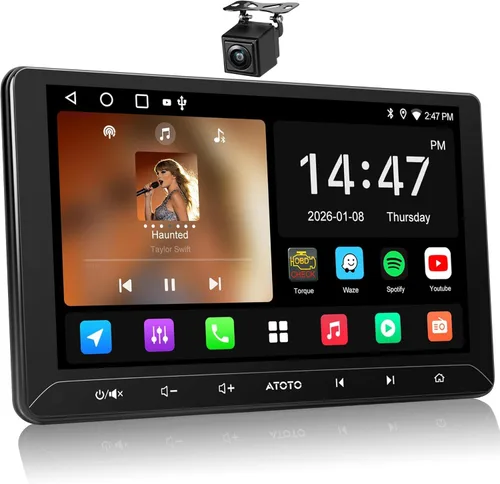 ATOTO A5L 10 pulgadas Android doble DIN estéreo y cámara de respaldo, CarPlay inalámbrico y Android Auto, conexión Wi-Fi/USB, pantalla táctil QLED,