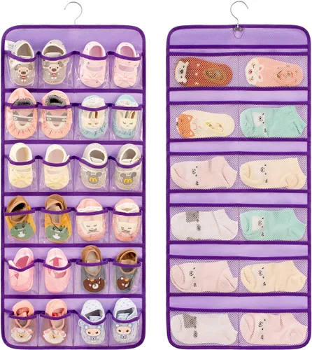 Miniatura 10 de Organizador de zapatos de bebé colgante de doble cara para armario, soporte de almacenamiento de zapatos para niños pequeños, calcetines con lazo