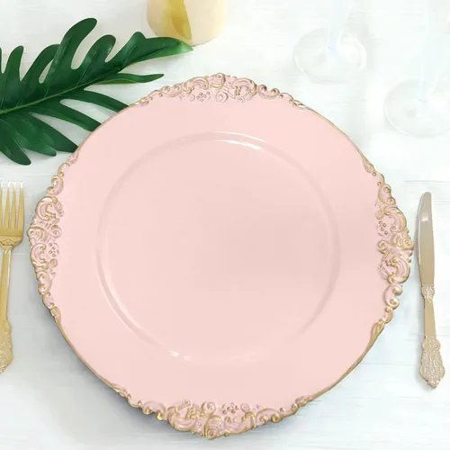 Miniatura 16 de Tableclothsfactory Paquete de 6 platos barrocos redondos de oro transparente de 13 pulgadas, borde en relieve de hojas para decoración de mesa