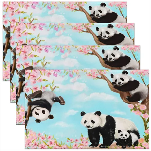jejeloiu Juego de 4 manteles individuales con diseño de panda de 12 x 18 pulgadas, lindos manteles individuales de animales con diseño de cerezo en