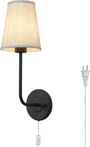 Pathson Lámpara de pared de tela enchufable, pantalla de tela de lino, lámpara de pared vintage de 1 luz para sala de estar y dormitorio
