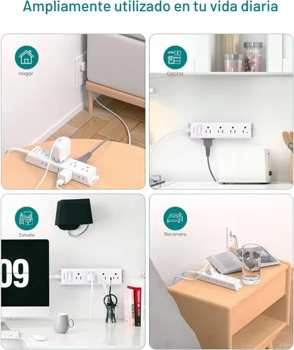 Miniatura 7 de ADDTAM - Tira de alimentación de enchufe plano, cable de extensión plano ultradelgado - ADDTAM 12 enchufes AC de lados 3 múltiples, 5 pies, Blanco