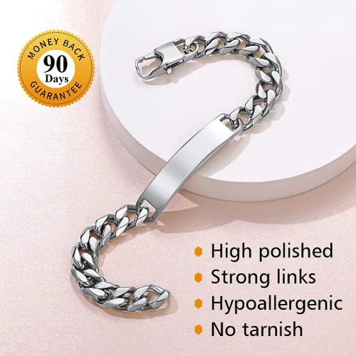 Miniatura 4 de FindChic Pulseras de identificación personalizadas con barra de nombre para hombres y mujeres, chapadas en oro de 18 quilatesacero inoxidablenegro