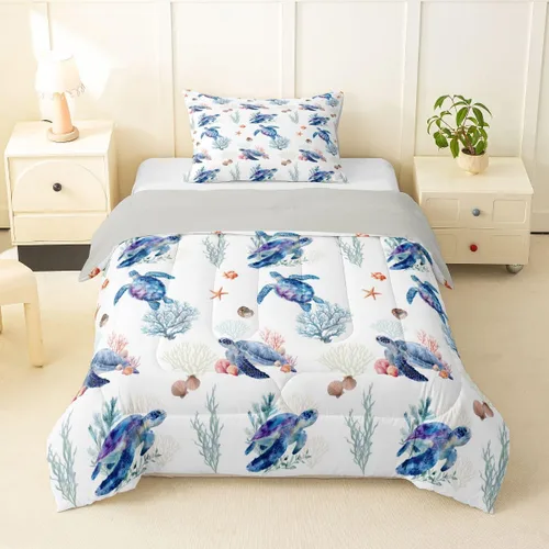 Miniatura 41 de Erosebridal Blue Ocean - Juego de edredón tamaño individual Juego de ropa de cama de ballena delfín y tortuga marina para niños y niñas, juego