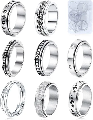 Anillos giratorios MUCAL para ansiedad 8 piezas de anillo giratorio de acero inoxidable anillo anti ansiedad anillo giratorio con luna y estrella