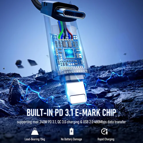 Miniatura 4 de Cable USB C a USB C de 6 pies de 240 W, cable de carga 4 en 1, cable de carga rápida trenzado con puerto tipo C/USB A/L para iPhone 16/15/14 Series