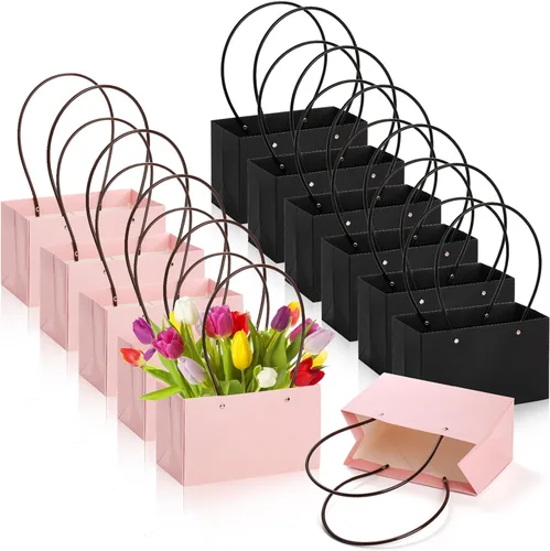 Miniatura 6 de DEAYOU Paquete de 12 bolsas de regalo de flores de papel kraft, caja de ramo con asa, pequeñas bolsas de papel con forro impermeable para arreglos