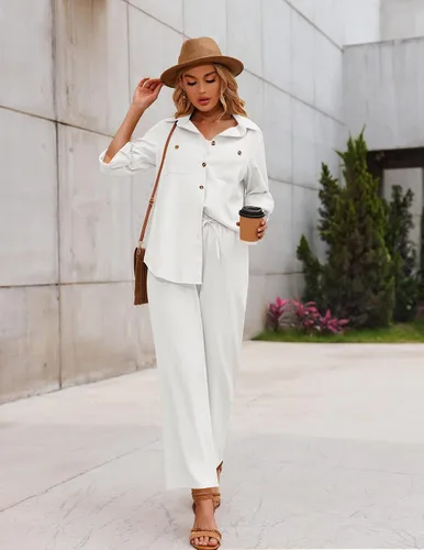 Miniatura 2 de Zeagoo Conjunto de 2 piezas de lino para mujer, camisa con botones y pantalones largos con cordón, conjuntos de verano
