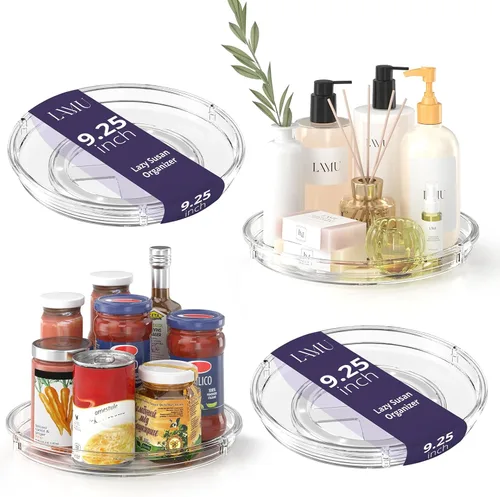LAMU Paquete de 4 Organizadores Lazy Susan de 9.25 pulgadas, Plataforma Giratoria Lazy Susan Transparente para Gabinete, Refrigerador, Superficie de