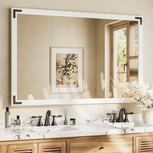 Miniatura 13 de TETOTE Espejo de madera natural de 48 x 24 pulgadas para pared de baño/dormitorio/sala de estar/entrada, espejo rústico de tocador de baño