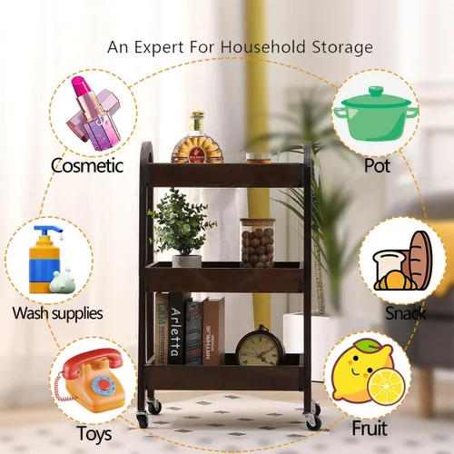 Miniatura 3 de Carrito de 3 niveles para manualidades, carrito de almacenamiento delgado con ruedas, carrito de madera con ruedas, organizador de baño, carrito
