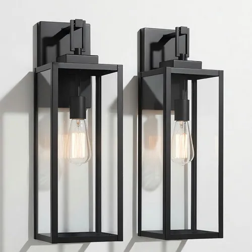Miniatura 14 de Paquete de 2 apliques para exteriores, farol de pared de 12 pulgadas, aplique exterior pequeño de metal y vidrio, faroles negros para exteriores