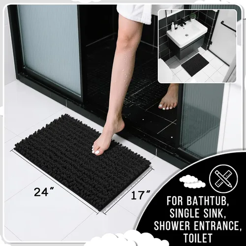 Miniatura 3 de Yimobra Alfombras de Baño Antideslizantes Lavables - Alfombra de Baño de Chenilla Ultra Suave Absorbente, Alfombra Peluda de Secado Rápido para Negro
