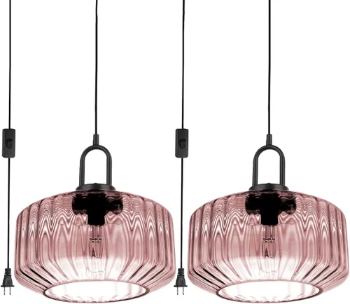 Miniatura 12 de Lámpara colgante de globo de vidrio enchufable, lámpara colgante moderna de mediados de siglo con cable de 14.7 pies, pantalla de vidrio a rayas